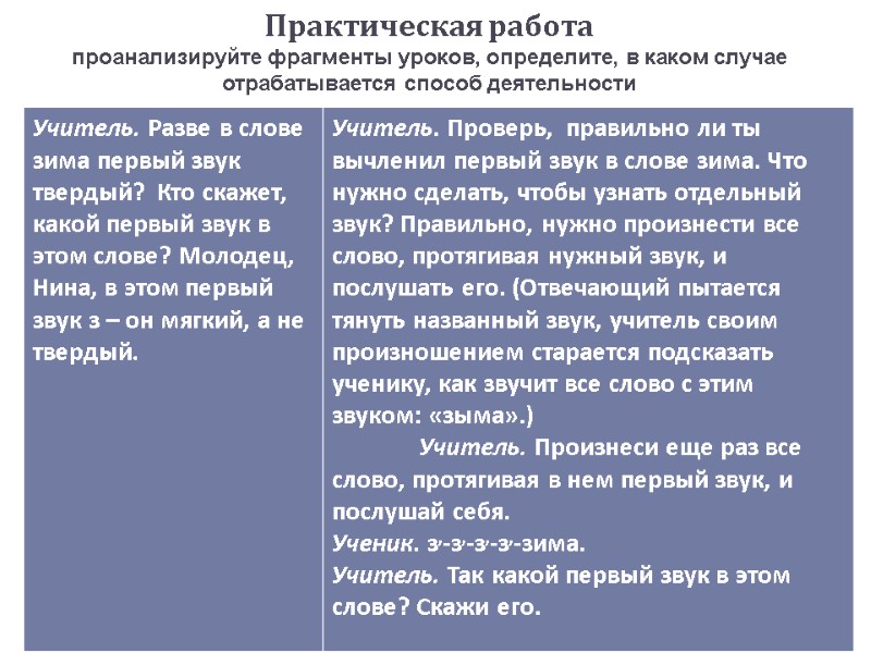 Практическая работа проанализируйте фрагменты уроков, определите, в каком случае отрабатывается способ деятельности